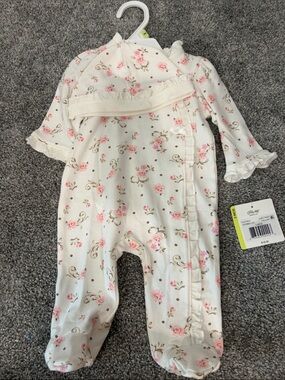Little Me Cream Floral Footed Pajamas with Pink Roses